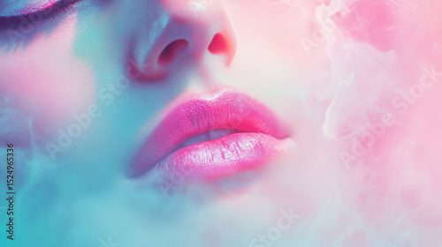 Close-up of a woman's lips and face with colorful vapor smoke in the background, vibrant pink and blue tones, soft lighting, artistic beauty makeup, dreamy atmosphere