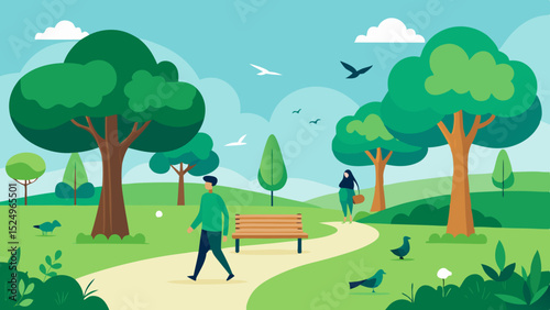 Green Park Landscape with Walking Trails and Benches Vector Illustration