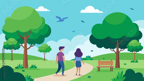 Green Park Landscape with Walking Trails and Benches Vector Illustration