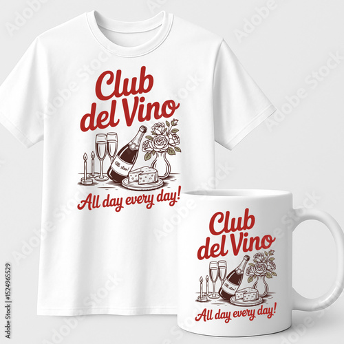 Club del Vino T-shirt and Mug Design– Elegant Wine and Cheese Illustration with Italian Quote