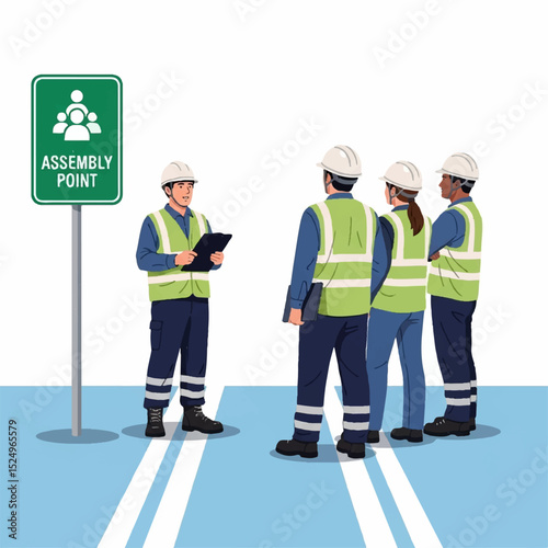 Vector Illustration of Safety Briefing at Assembly Point with Workers in PPE Gear