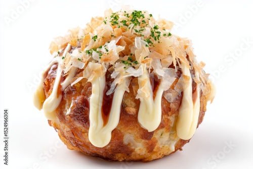 Delicious takoyaki snack with octopus filling topped with bonito flakes and sauce on a white background