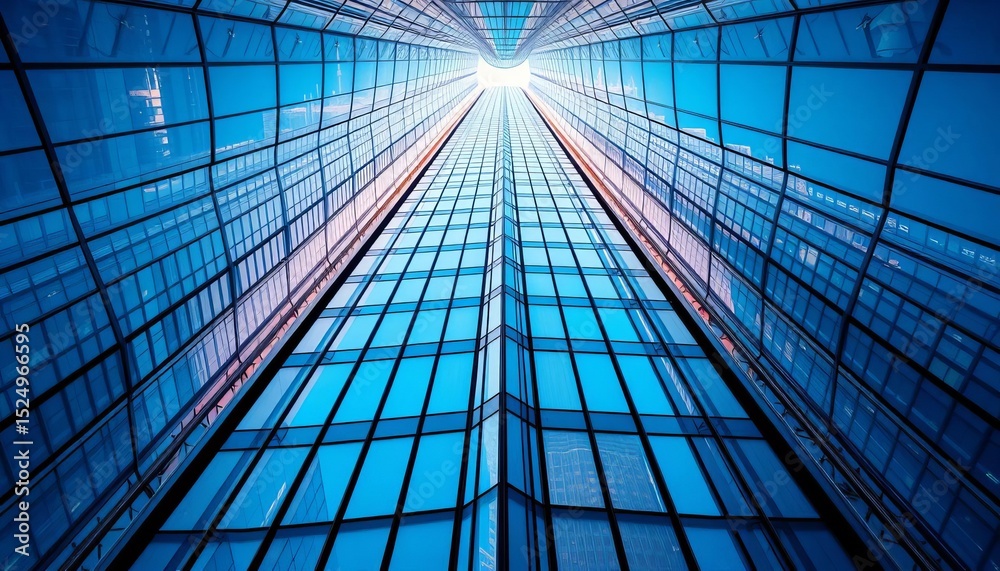 Fototapeta premium Abstract upward view of glass skyscraper geometry, leaving ample empty space, lines, empty space