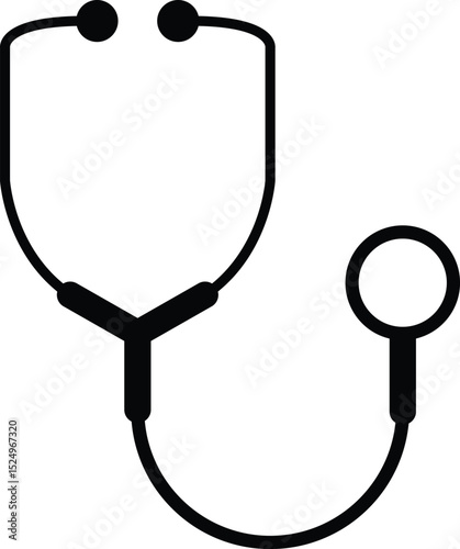 Black vector icon of stethoscope used in healthcare, hospital, and medical-related designs.