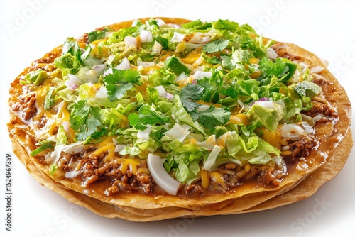 Tlayuda is a delicious Oaxacan specialty featuring a large crispy tortilla topped with refried beans, cheese, lettuce, avocado, and savory meats on a white background
