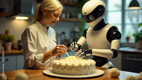 Humanoid robot collaborates with baker to create stunning cake decorations in cozy kitchen setting.