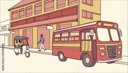 transport, vehicle, illustration, vector, drawing, bus, transportation, travel, graphic, design, road, car, art, vector illustration, color, passenger, kerala, street, red, local, india, auto, hand.  