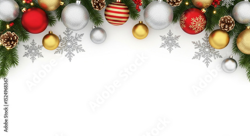 Festive Christmas Decoration and Ornament Border on a White Background