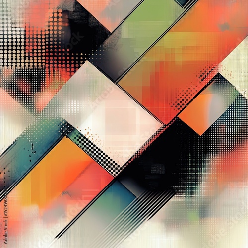 Abstract artwork with intersecting geometric shapes in warm and cool tones, featuring textured elements and a faded background