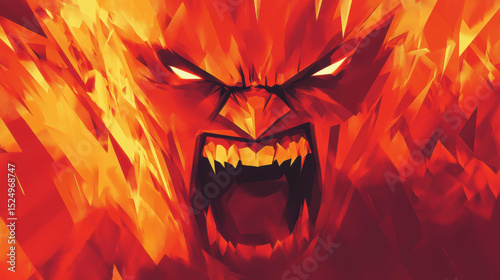 Intense fiery rage monster illustration with glowing eyes fiery flames and teeth in a digital fantasy art style emphasizing chaos and aggression
