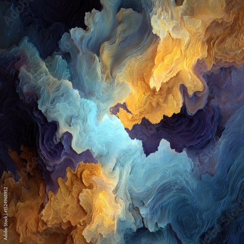 Abstract swirling colors in blue, gold, and dark hues creating a dynamic, textured composition