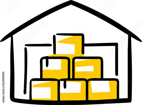 Silhouette of Industrial Warehouse with Stacked Boxes in Yellow Tones – Storage Facility, Logistics Hub, Shipping Depot, Distribution Center, C
