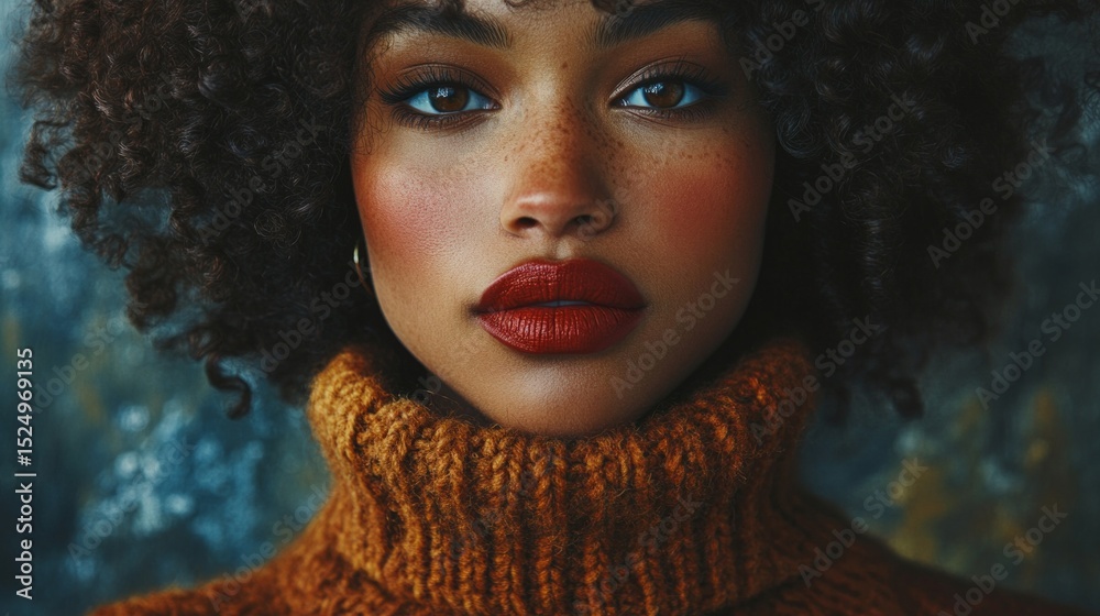 Portrait of a woman with bright makeup and knitted clothes. Can be used in fashion magazines, cosmetics advertising and thematic articles about style. Portrait of a woman with bright makeup and knitted clothes. Can be used in fashion magazines, cosmetics advertising and thematic articles about style.
