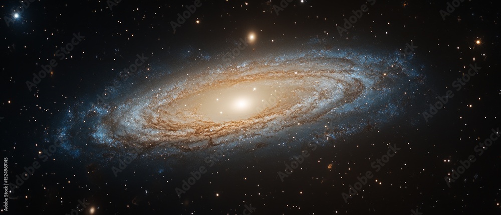 Naklejka premium Spiral galaxy with a bright center and stars on a dark background. Used in scientific articles, educational materials and space-related topics.