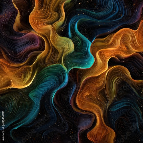 Abstract swirls of teal, orange, and gold on black background with gold specks