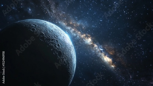 Space landscape with planet and galaxy. Suitable for covers of books about space, scientific articles and educational materials.