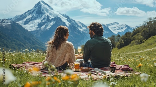 A man and woman enjoying a picnic in a meadow with a breathtaking mountain view