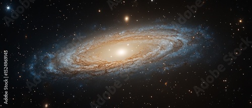 Spiral galaxy with a bright center and stars on a dark background. Used in scientific articles, educational materials and space-related topics.