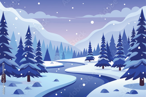 Idyllic snowy landscape featuring a tranquil river winding through snow-covered pine trees under a serene sky, evoking feelings of peacefulness, winter beauty, and natural harmony.