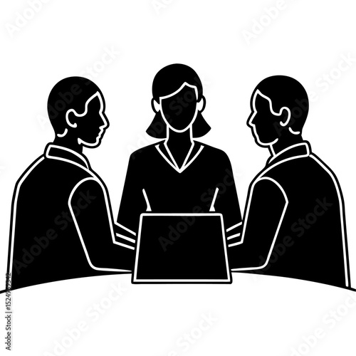 Silhouette of Three People in a Meeting Room with Purple Background – Business Collaboration, Teamwork Discussion, Corporate Conference, Group Communication, Office Talk, Brainstorming Session
