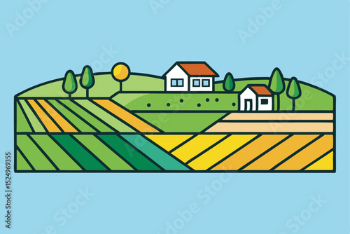 Colorful Illustrated Countryside Landscape With Fields And Farmhouses Under Clear Sky