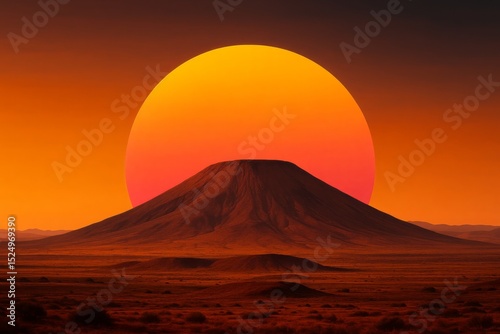Dramatic Desert Landscape Sunset Volcano Mountain Huge Orange Sun Artistic Digital Painting Vibrant Colors Warm Tones Nature Scene Epic Scenery Desert Vista Red Hues Golden Hour Sunrise Image         