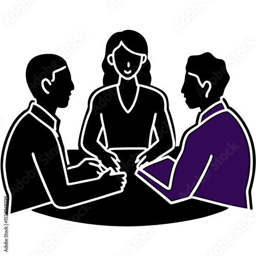 Silhouette of Three People in a Meeting Room with Purple Background – Business Collaboration, Teamwork Discussion, Corporate Conference, Group Communication, Office Talk, Brainstorming Session
