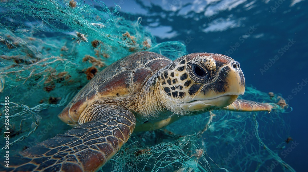Obraz premium Endangered Sea Turtle Entangled in Fishing Net, Ocean Pollution, Marine Life Struggle, Environmental Awareness, Conservation of Aquatic Ecosystems