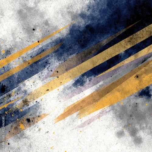 Abstract art with diagonal strokes in navy, gold, and grey on a textured white background