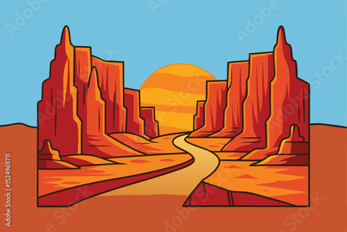 A vivid artistic illustration of a desert canyon, with a winding road beneath a rising sun and rugged rock formations, evoking adventure, exploration, and the raw beauty of nature.