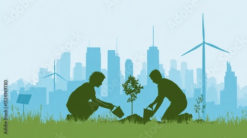 Urban Eco-Friendly Initiative, Tree Planting and Wind Energy, Green City Movement, Environmental Conservation, Sustainable Living Practices