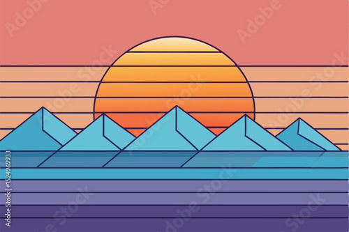 A vivid digital artwork features angular, triangular mountains set against a stylized sunset, blending bold contrasts and geometric influences in a retro-inspired aesthetic.