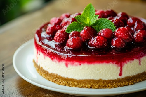 A decadent cheesecake showcasing a golden graham cracker crust, velvety vanilla filling, layered with a shiny berry , created by ai