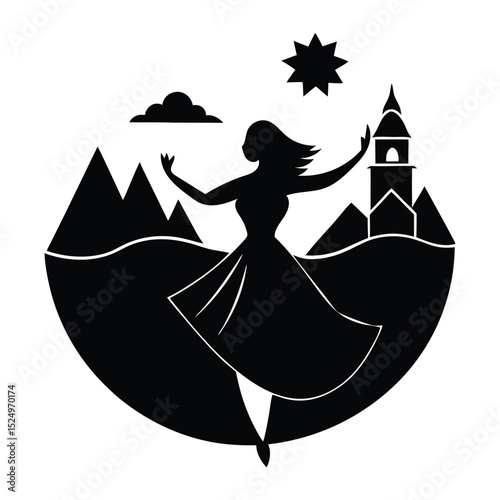 vector illustration of Abstract landscape with the sights of India and a dancing woman