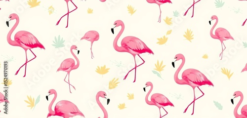 Cream background seamless pattern featuring pastel flamingo silhouettes, mustard and seafoam accents , tropical pattern, whimsical