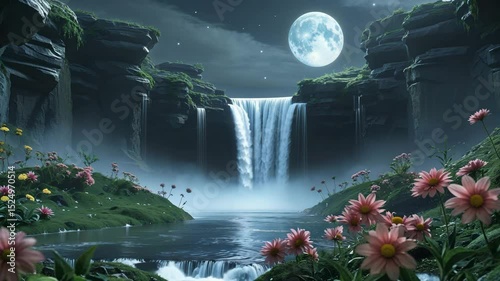 Serene nightscape waterfall scene beneath a bright full moon featuring beautiful lush greenery and delicate pink flowers