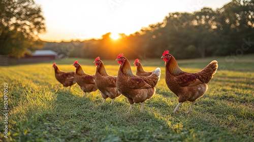 Farm Chickens Walk in Field at Sunset