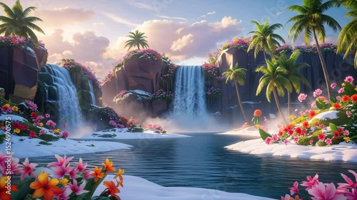 Serene tropical waterfall oasis with lush flora and palm trees under a beautiful sky