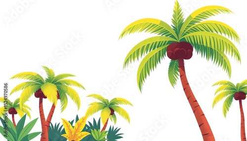 Cute cartoon palm & coconut trees, vibrant colors, flat vector style, tropical foliage, palm tree,  cute