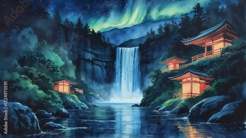 Serene watercolor illustration of a japanese waterfall and temples illuminated under the northern lights