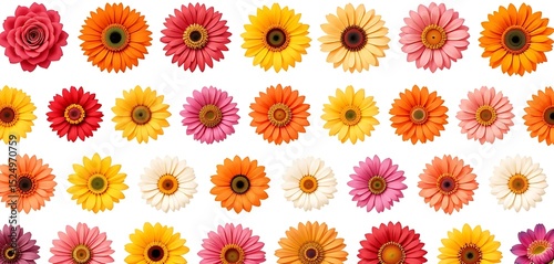 Flat lay of assorted colorful flowers including daisies and roses on white background. Perfect for floral designs, patterns, and spring or summer-themed creative projects.