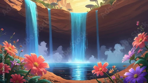 Stunning illustration of waterfalls flowing into a serene lake with colorful flowers and a warm sky