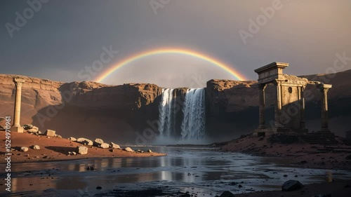 Stunning waterfall landscape with rainbow and ancient ruins under a dramatic sky