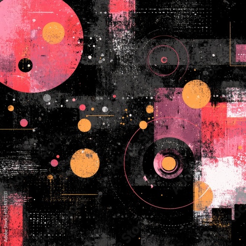 Abstract geometric artwork with pink, orange, and black shapes on a textured background