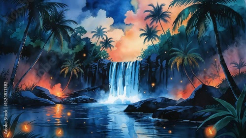Watercolor painting of a tranquil waterfall oasis with palm trees at sunset