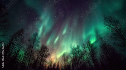 Aurora Borealis Magical Light Display Over the Dark Trees