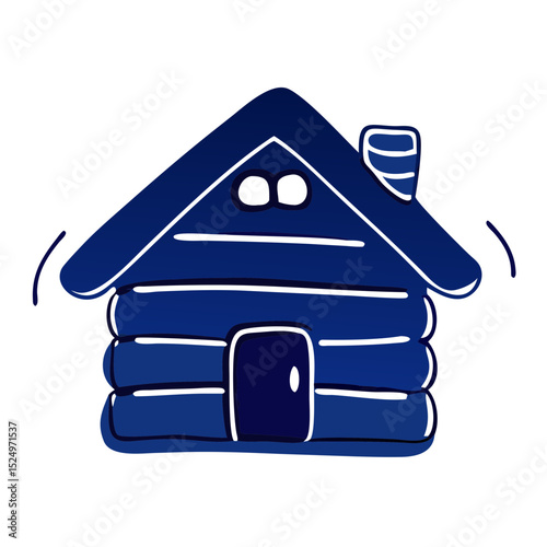 A blue log cabin with a chimney and snow on the roof. Useful for websites or blogs about winter, cabins, vacation rentals, or cozy retreats.