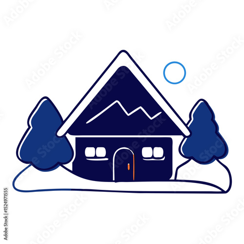 A blue log cabin with a chimney and snow on the roof. Useful for websites or blogs about winter, cabins, vacation rentals, or cozy retreats.