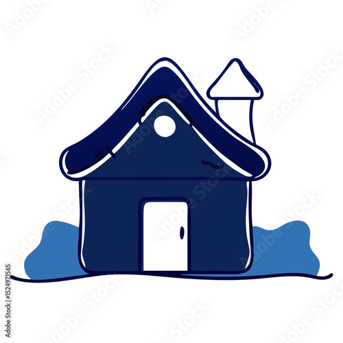 A blue log cabin with a chimney and snow on the roof. Useful for websites or blogs about winter, cabins, vacation rentals, or cozy retreats.