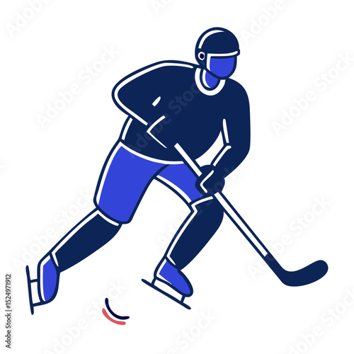 An ice hockey player in dark blue uniform, stick in hand, ready for action. Ideal for sports blogs, team websites, or articles on winter games.